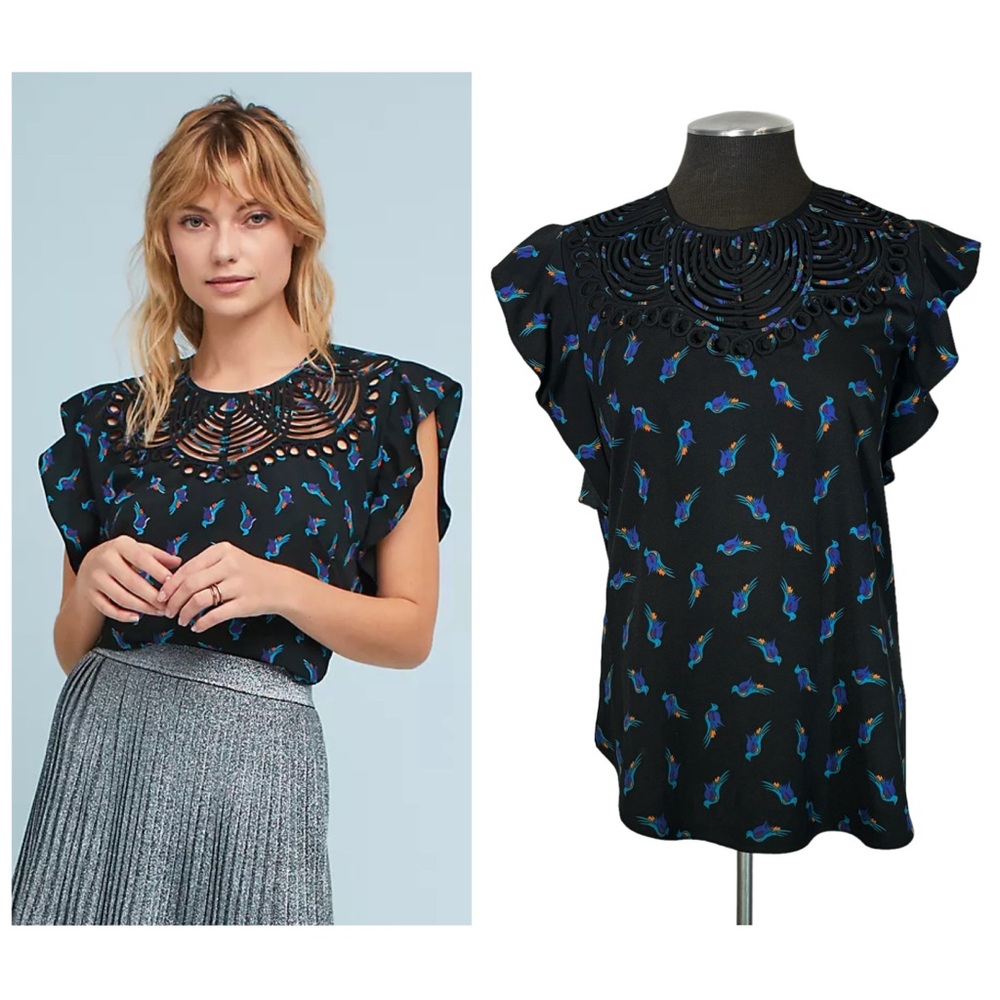 Ranna Gill Black Blouse with Blue Teal Abstract Print and Cutout Yoke